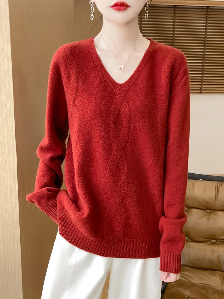 

New 100% Merino Wool Women's Sweater Autumn Winter Female Knitwear V-Neck Pullover Argyle Blouse Lady Long Sleeve Clothing Tops