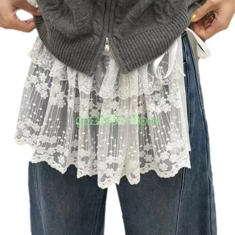 

T5UF Women Aesthetic Sheer Flower Lace Mini Apron Wrap Skirt Tie Up Mesh Hip Scarf