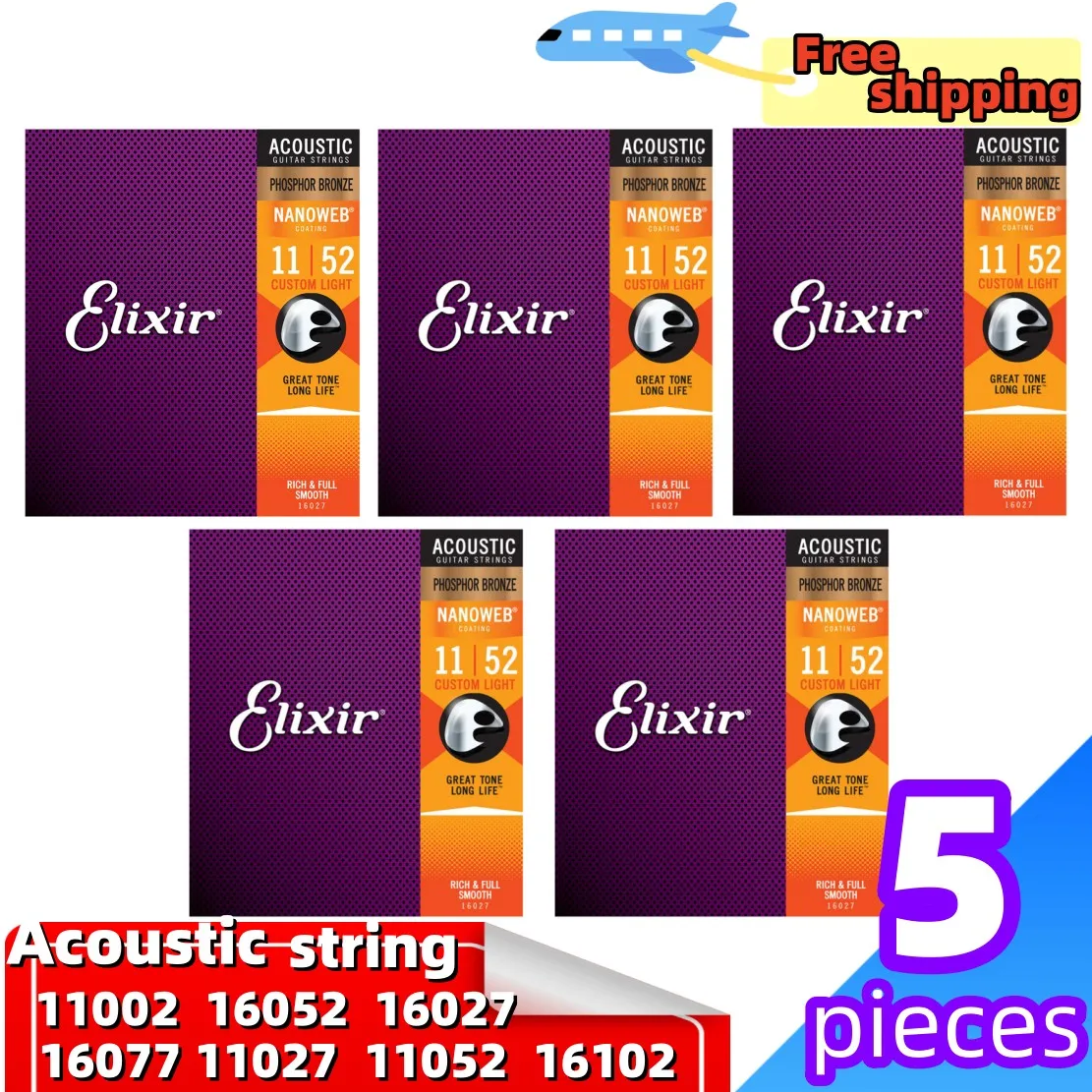 ELIXIR 5 PCS Acoustic Guitar Strings  Guitar Accessories 80/20 Bronze NANOWEB Coating 11027 11052 16002 16027 16052 16102 16077