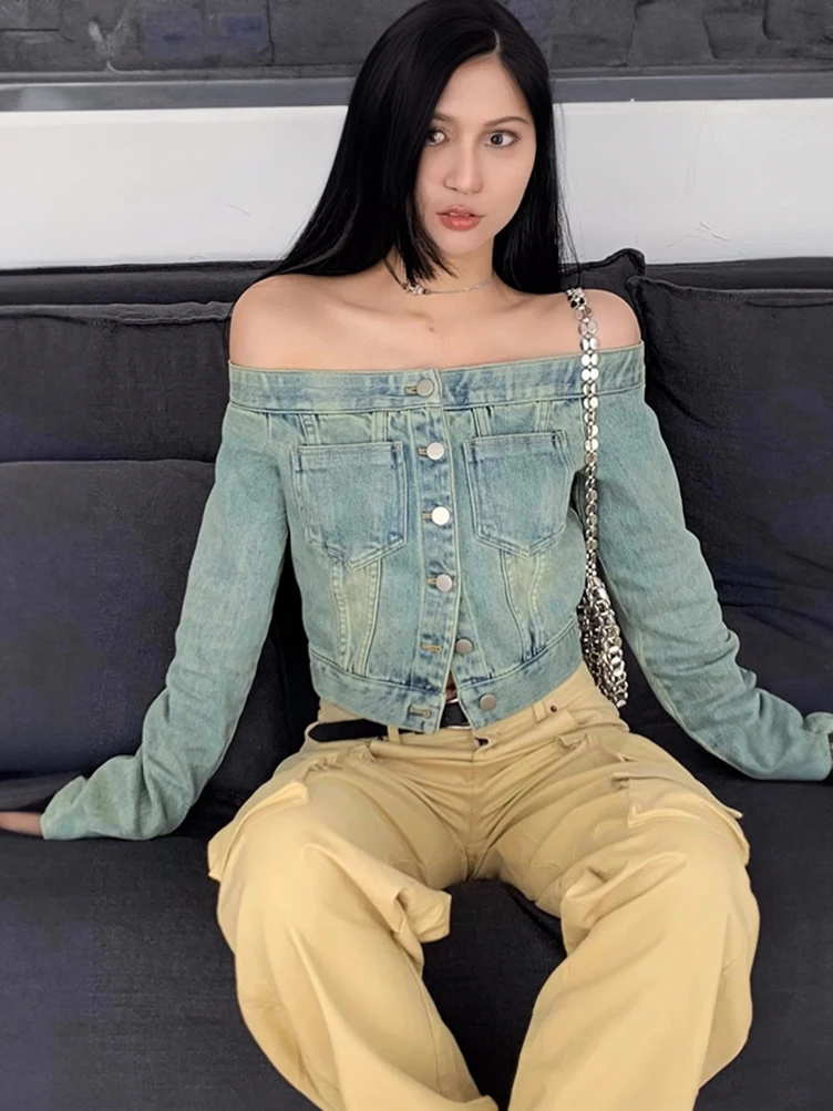 Korean Fashion Off shoulder Button Jeans Shirt Jacket Women Long sleeve vintage Cropped Denim Top Youth Cool Blouse 2023 New