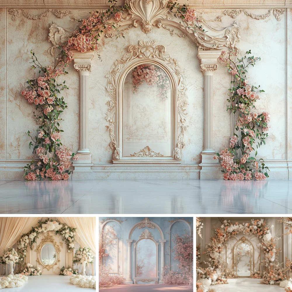 

Retro Flower Curtain Arch Door Frame Photography Backdrop Floral Drapes Wedding Birthday Photozone Background Pink Beige Walls