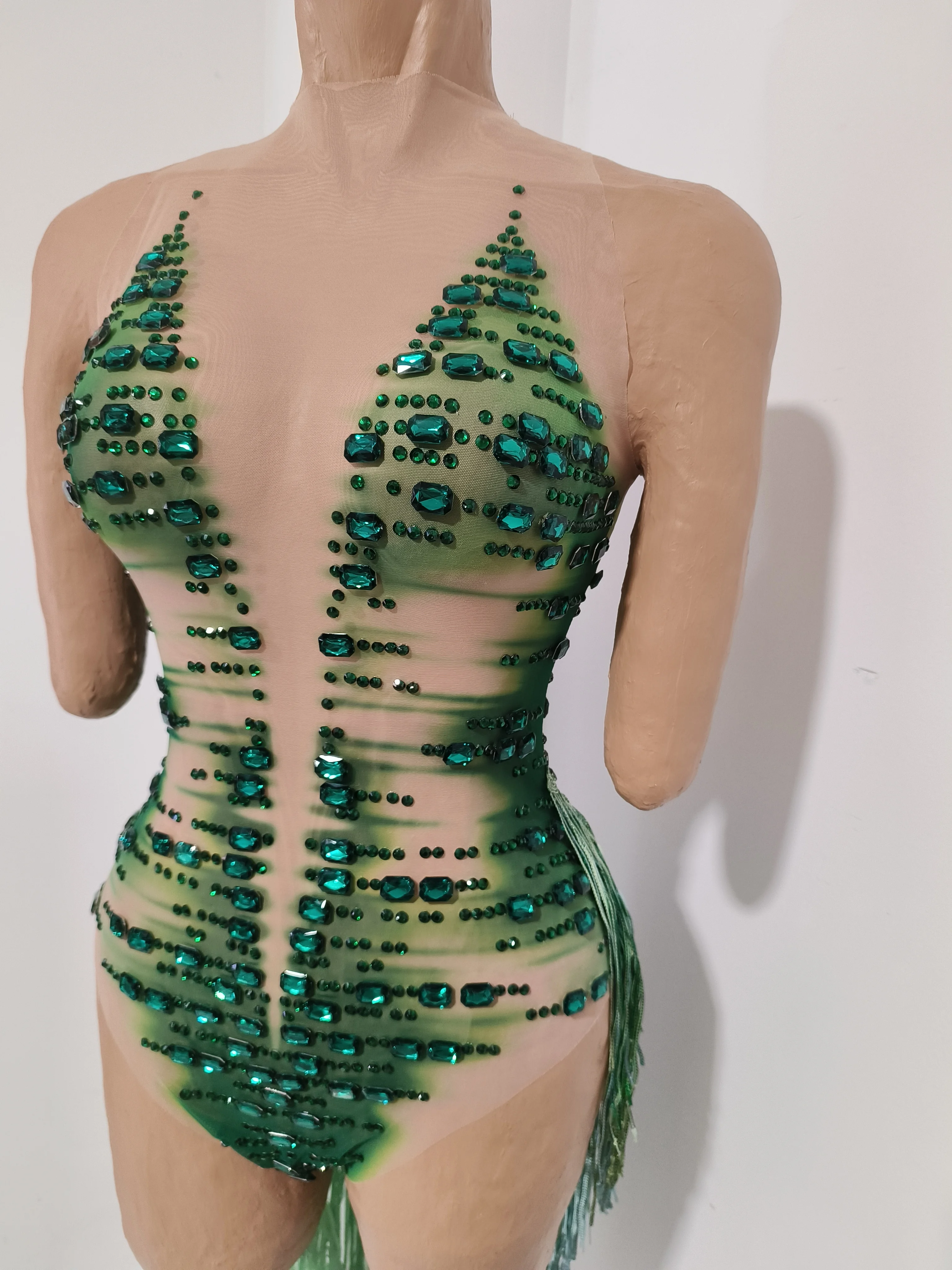 Sparkly Green Diamond Tassel Bodysuits Sexy Transparent Backless Nightclub Evening Party Singer Dancer Stage Performance Outfitr