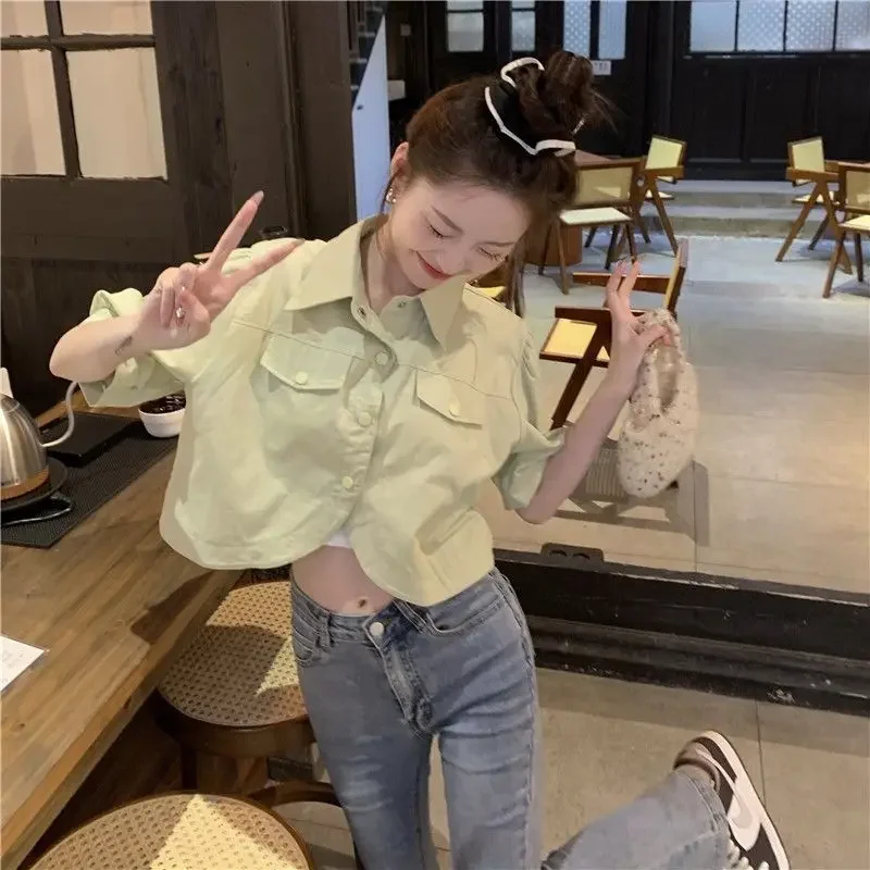 

Short Sleeve Jackets Women Summer Cargo Style Coats Harajuku Student High Street Solid Casual Minimalist Femme Popular Korean