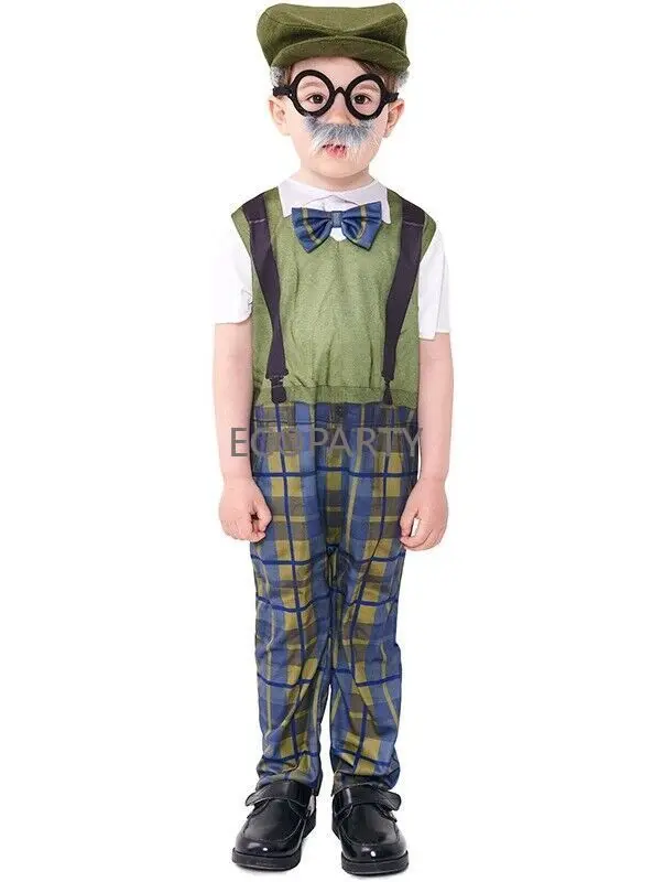 New Style Old Man Costume Kids School Costume Boys Green Old Man Grandpa Halloween Children Costume Disfraz Story Book Day