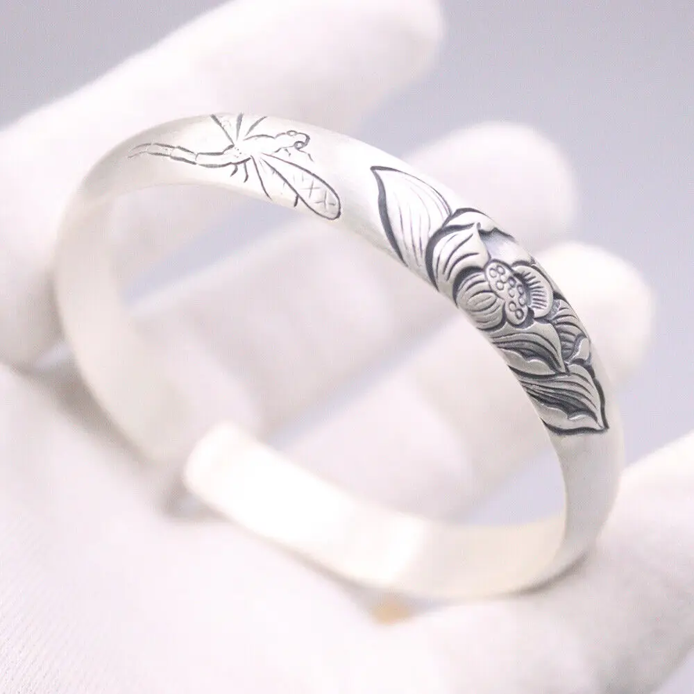 Real 999 Fine Silver Bangle 10mm Dragonfly Flower Handmade Cuff 2.36inch Dia.