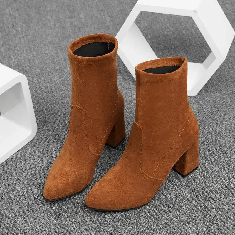 2024 Thick Heel Ankle Boots Black Brown Flock Women Winter Shoes Elegant High Heel Pointed Toe Short Booties Ladies