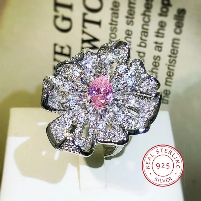 High Definition White Full Diamond Zircon Ring Pink Light Luxury Flowers Adjustable Ladies Jewelry Fashion 925 Sterling Silver