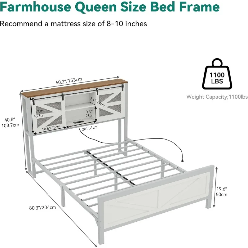 Farmhouse Queen Size Bed Frame with Headboard, Bookcase Storage Shelves, Sliding Grid Barn Door, Charging Station,Rustic Wood