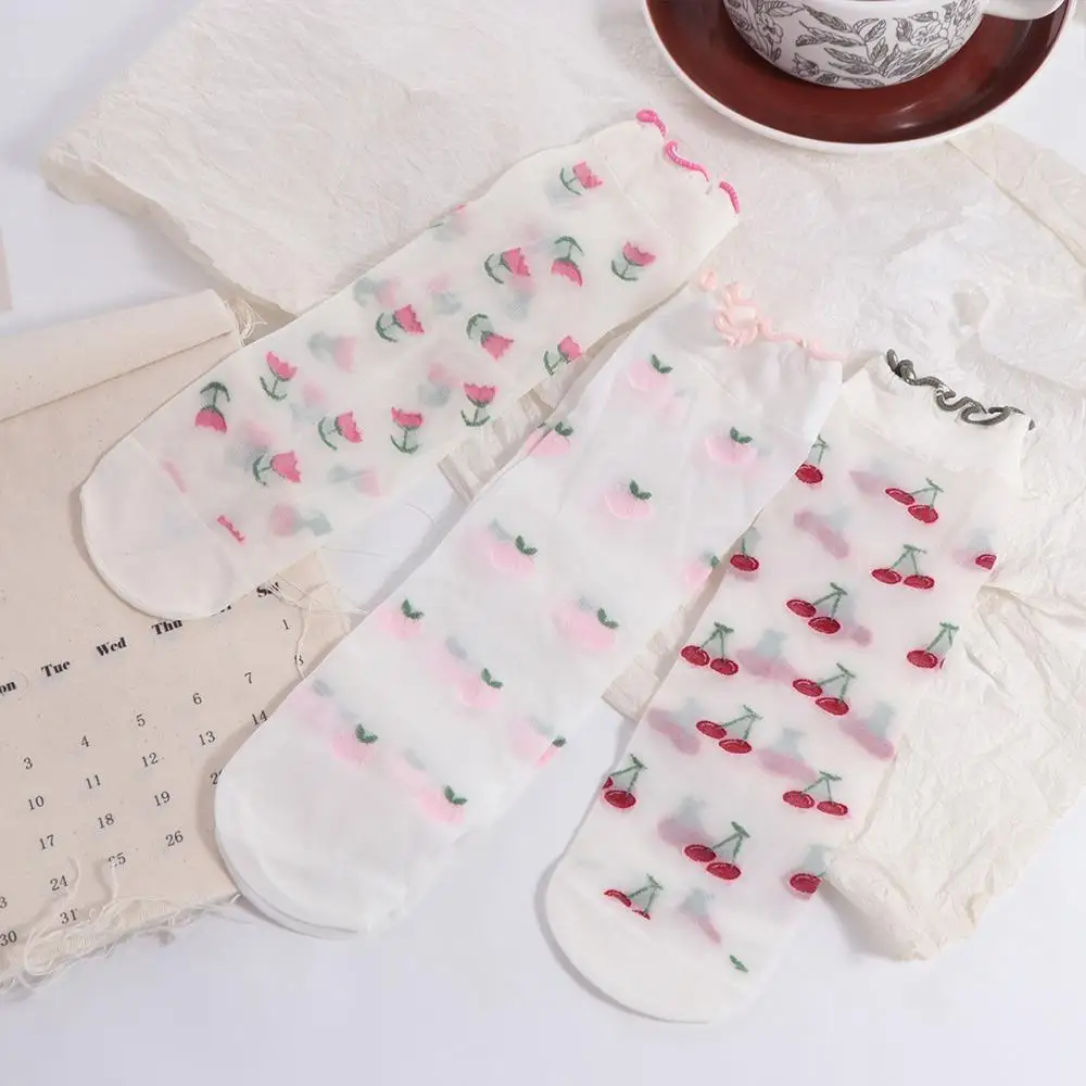 Peach Strawberry Glass Silk Ruffle Socks Cherry Avocado Transparent Flower Ruffle Socks Ins Korean