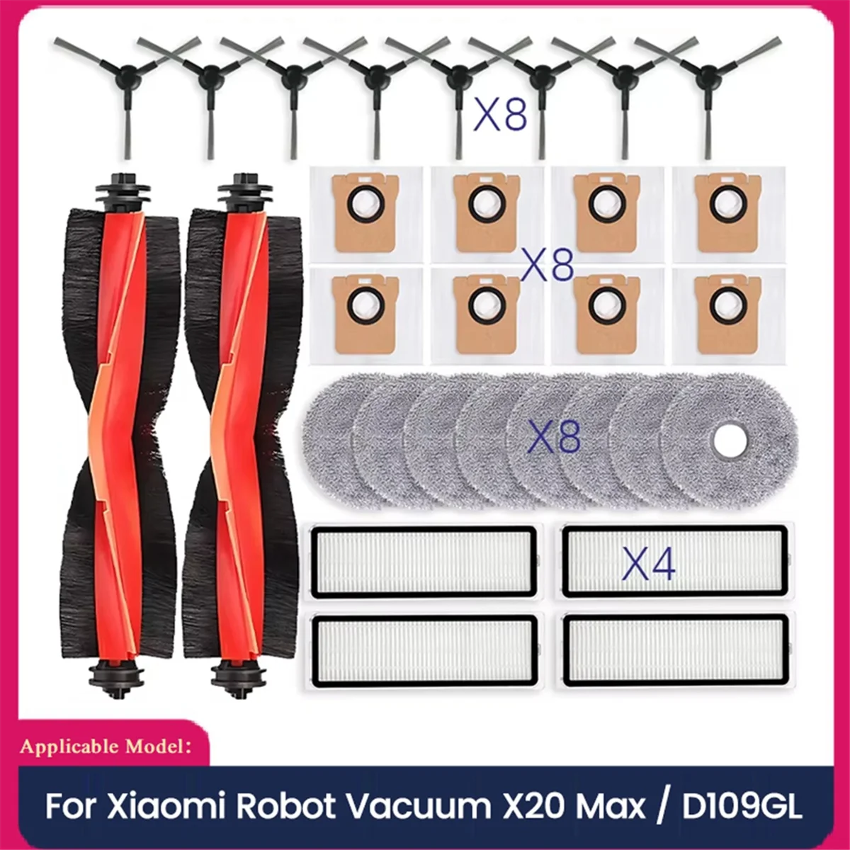FZFZ 로봇 진공 X20 Max / D109GL 교체 부품 메인 브러시 사이드 브러시 Hepa 필터 걸레 천 먼지 봉투
