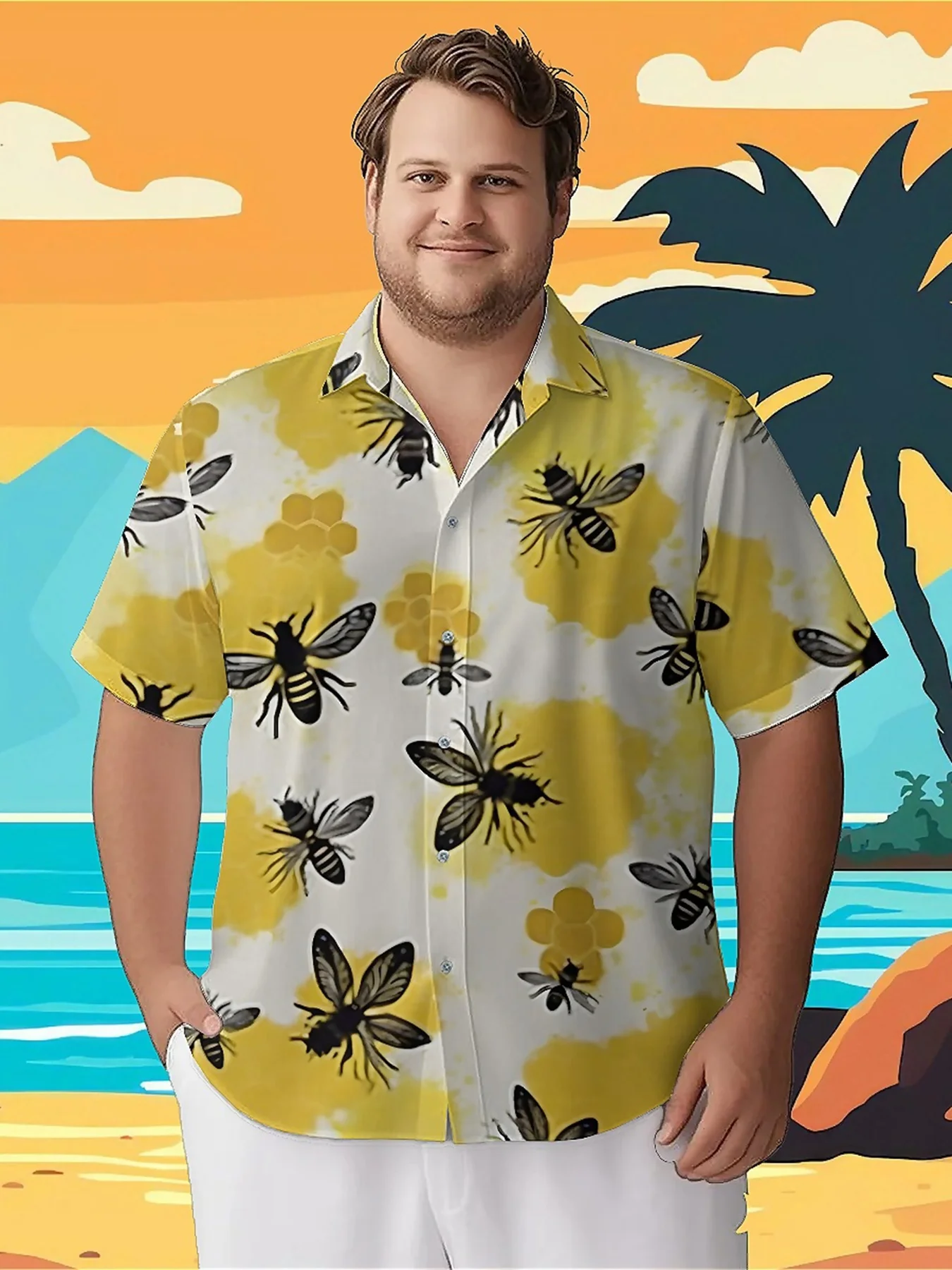 

Men's Plus Size Hawaiian ShirtsBees and Hivespattern, Summer Casual Tops, Suitable for Outdoor and Party, Streetwear