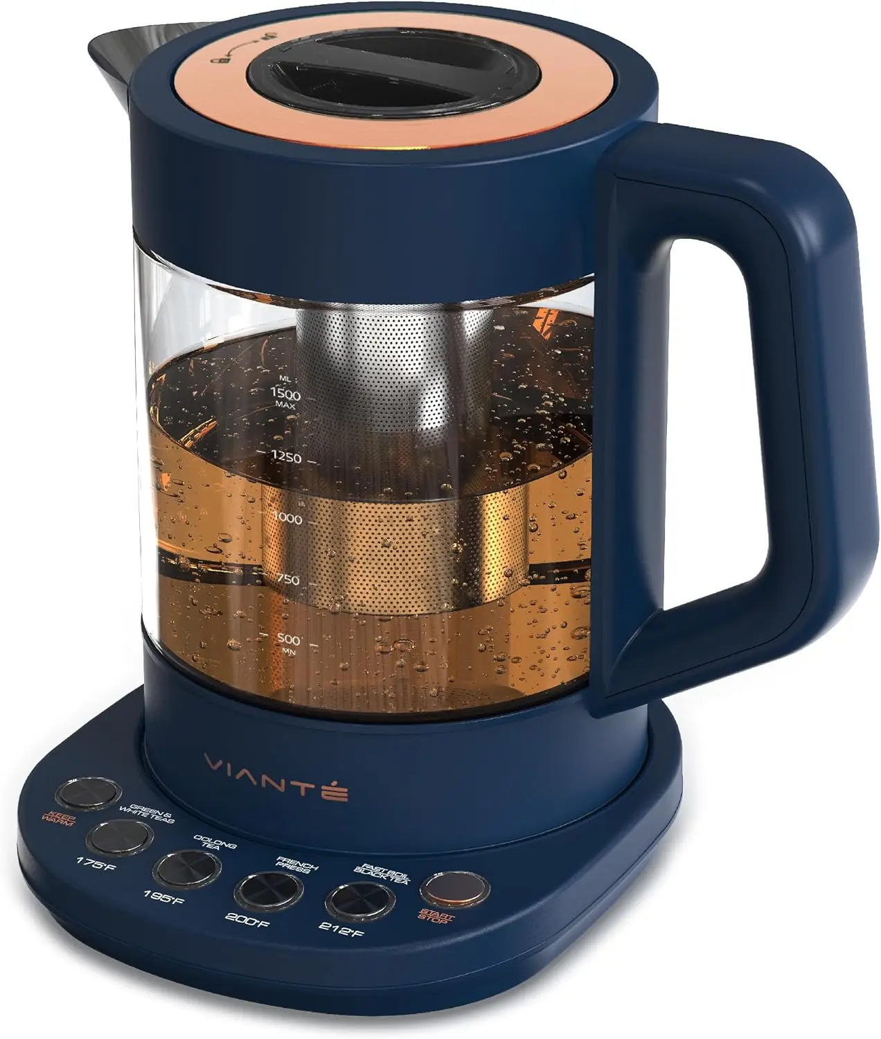 Viante Alba Electric Tea Kettle, Infuser, No Plastic, 1.5L, Midnight Blue | Borosilicate glass & 304 stainless steel