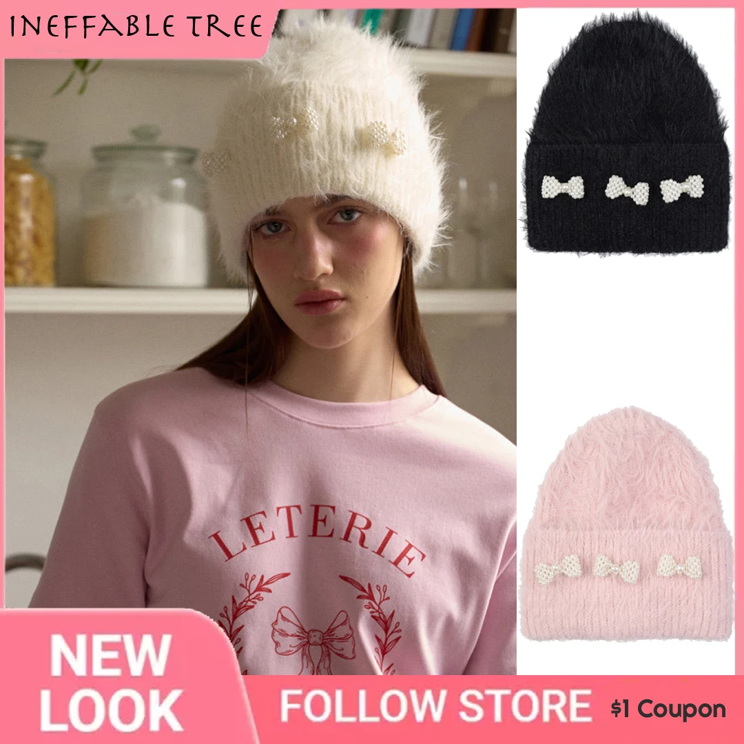 

Korea Pearl Bow Skullies Beanies Hats for Women Winter Warm Knitted Furry Hat Double Layer Ladies Cap Bonnets Sombreros De Mujer