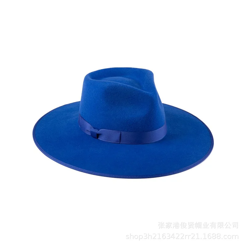 Classic Fedora Hats for Women Australian Wool Felt Panama Hat Wide Brim Celebrity Dress Hat with Royal Blue Color