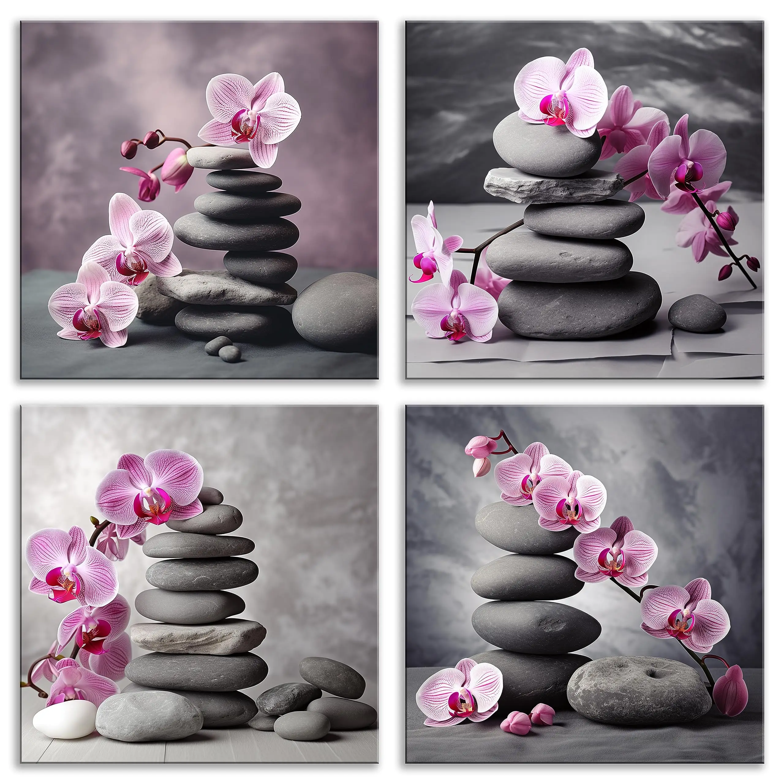 

Pink Orchid And Zen Stones Canvas Wall Art Set 4pcs 16x16 Inch Ready To Hang