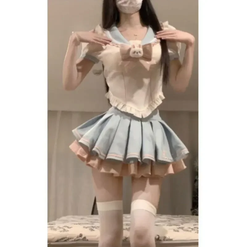 

Japan Korean Fashion Sweet Bow Navy Collar Tops And Fluffy Pleated Skirt Two-piece Set Summer Girl Style Kawaii Mini Skirt Y2k