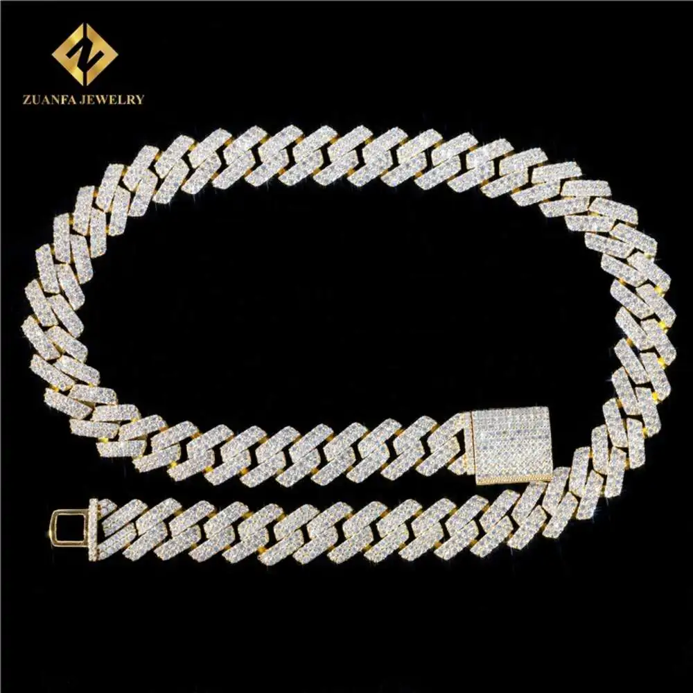 Iced Out Moissanite Jewelry White Gold Yellow Gold Rose Gold Color 15mm Two Row Vvs Moissanite Cuban Link Chain Chocker