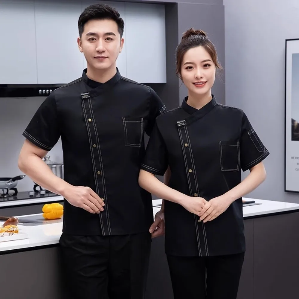 Uniforme de Chef en maille respirante et Durable, veste de Chef épaisse à manches courtes, noire, résistante à l'usure, chemises de cuisine, cantine