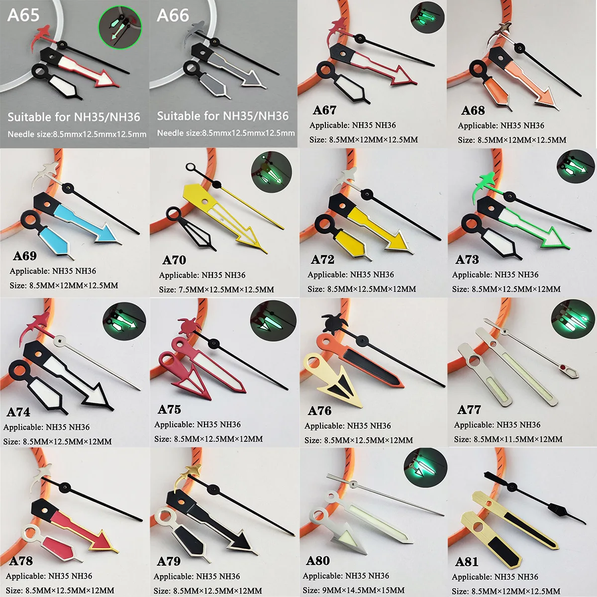 green luminous NH35 hands NH36 hands pointer Silver needle Watch accessories suitable for nh35 Second Hands nh36 movement A17-37