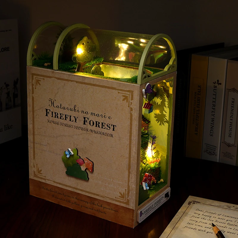 DIY ไม้ Book Nook ชั้นวางใส่ Casa Miniature House ชุด Firefly Forest ชั้นวางหนังสือตุ๊กตา Bookend ประกอบของเล่นผู้ใหญ่ของขวัญ