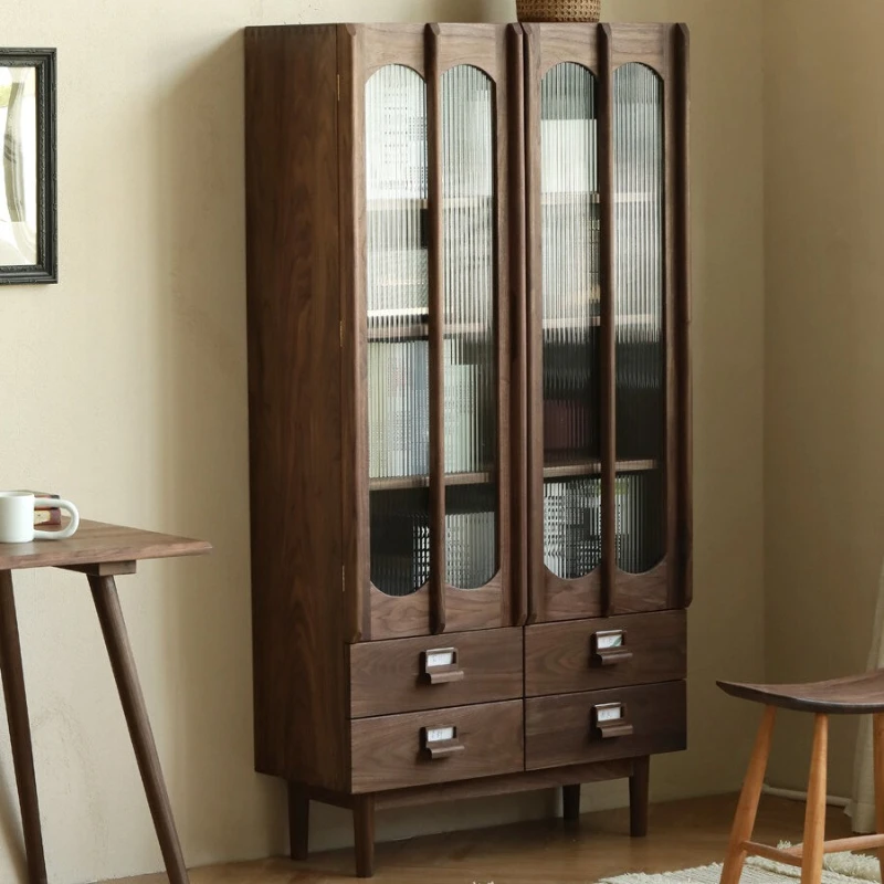 

Black walnut bookcase New Chinese dining side cabinet Living room sofa retro vertical cabinet Simple solid wood display cabinet