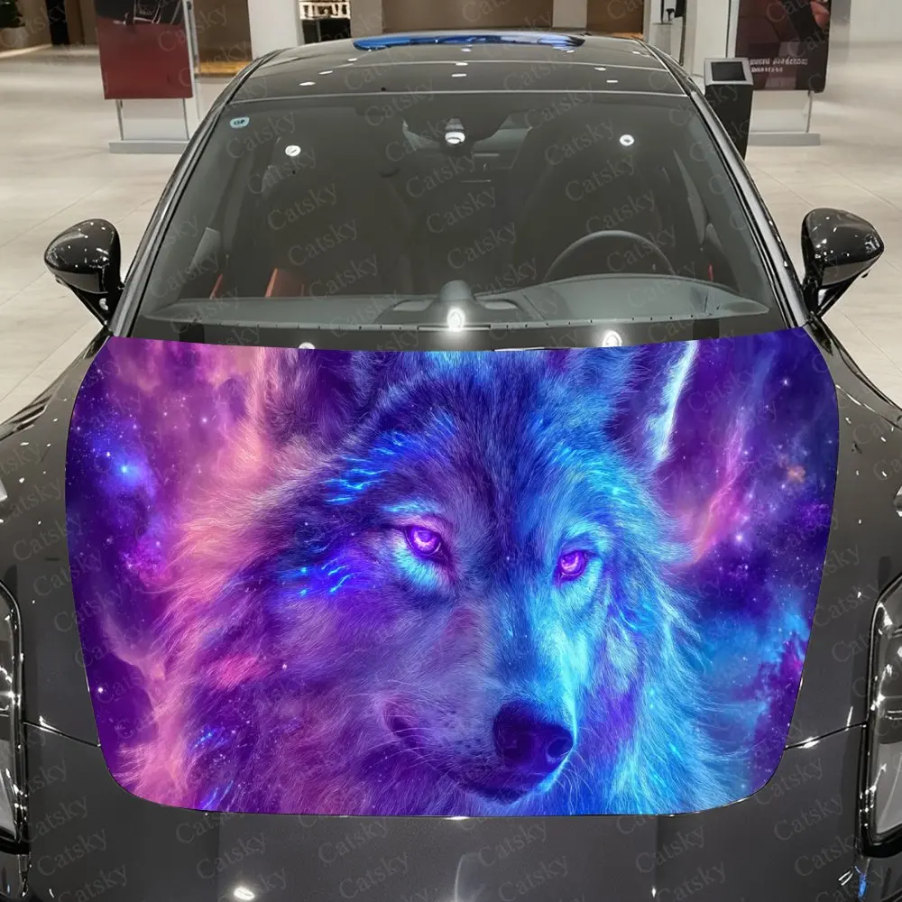 

Cyber Blue Wolf Gazing in Star Realm Car Vinyl Wrap, PVC Material Waterproof Car Hood Sticker, Self-Adhesive Scratch-Resistant S