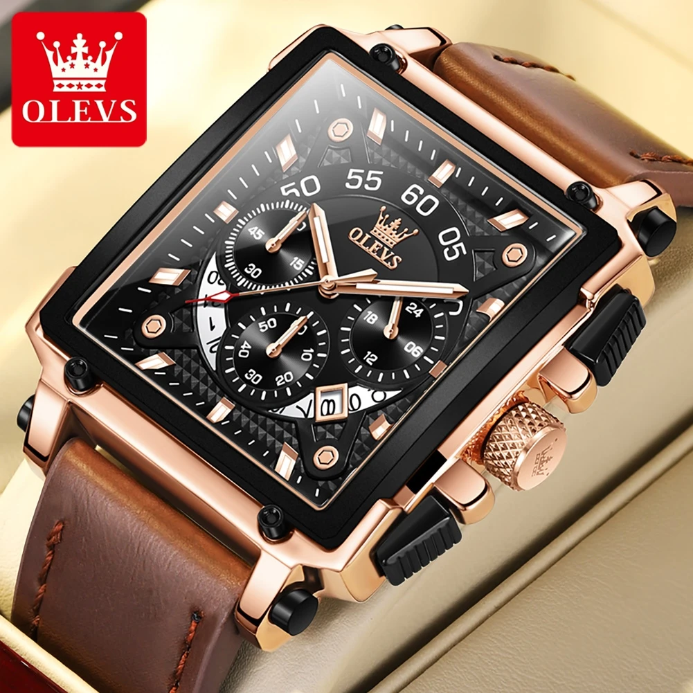 OLEVS 9919 Trendy Fashion Men\'s Watches Square Dials Leather Strap Luminous Quartz Watch for Man Calendar Chronograph Watch