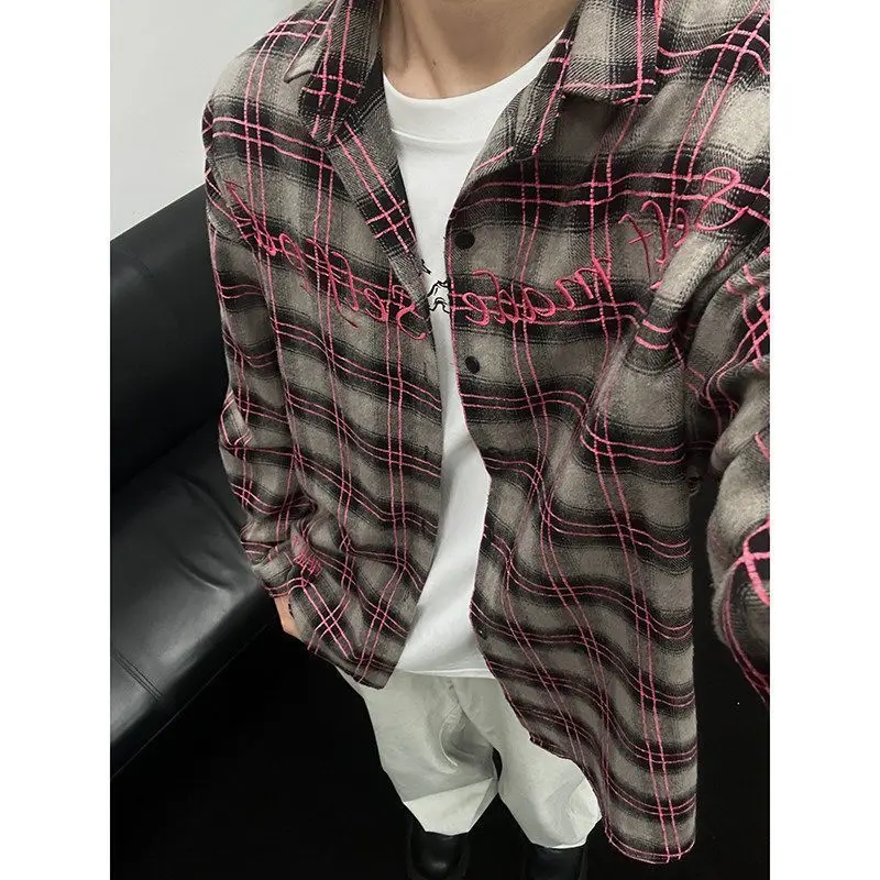 

American High Street Embroidered Plaid Shirts for Men's Spring Turn Down Collar Long Sleeve Loose Couple Lightweight Coats
