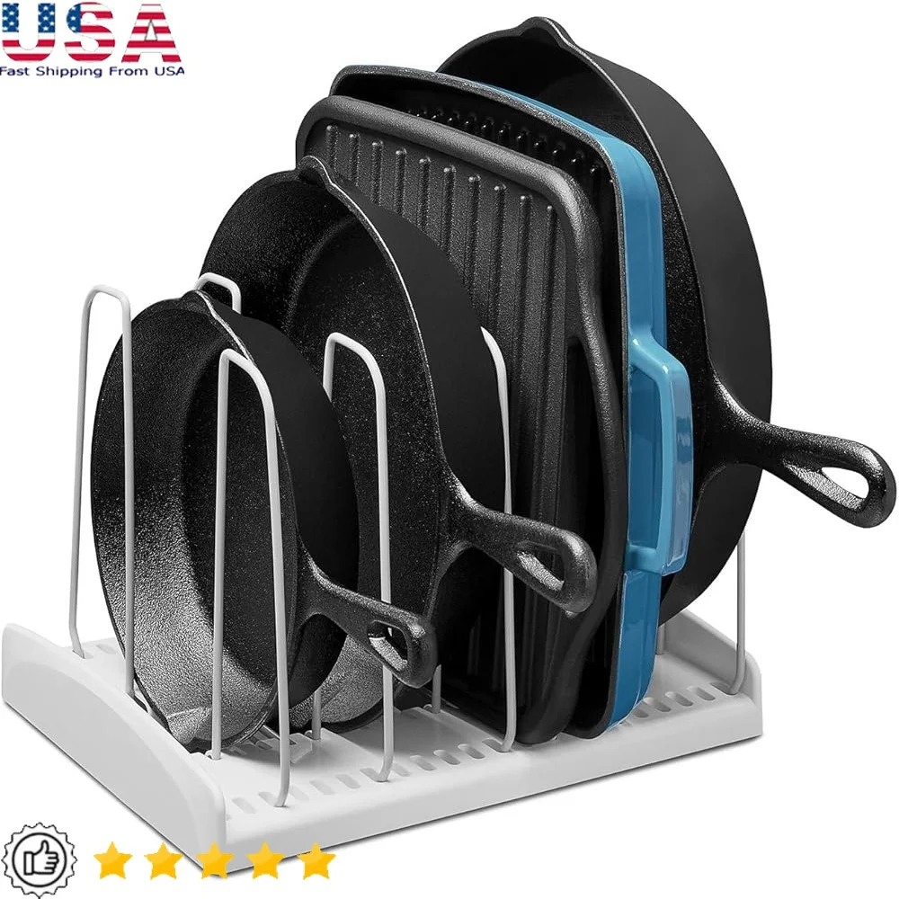 

Регулируемая полка для посуды, органайзер для сковороды и крышки, кухонный шкаф для хранения с нескользящими ножками, прочный, удобный в настройке, 7 разделителей