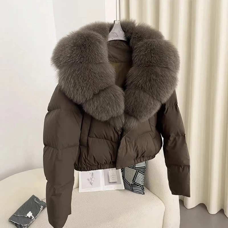 

Зимняя короткая куртка-пуховик с большим меховым воротником, женская теплая утепленная куртка, женская повседневная верхняя одежда на белом утином пуху с одной пряжкой