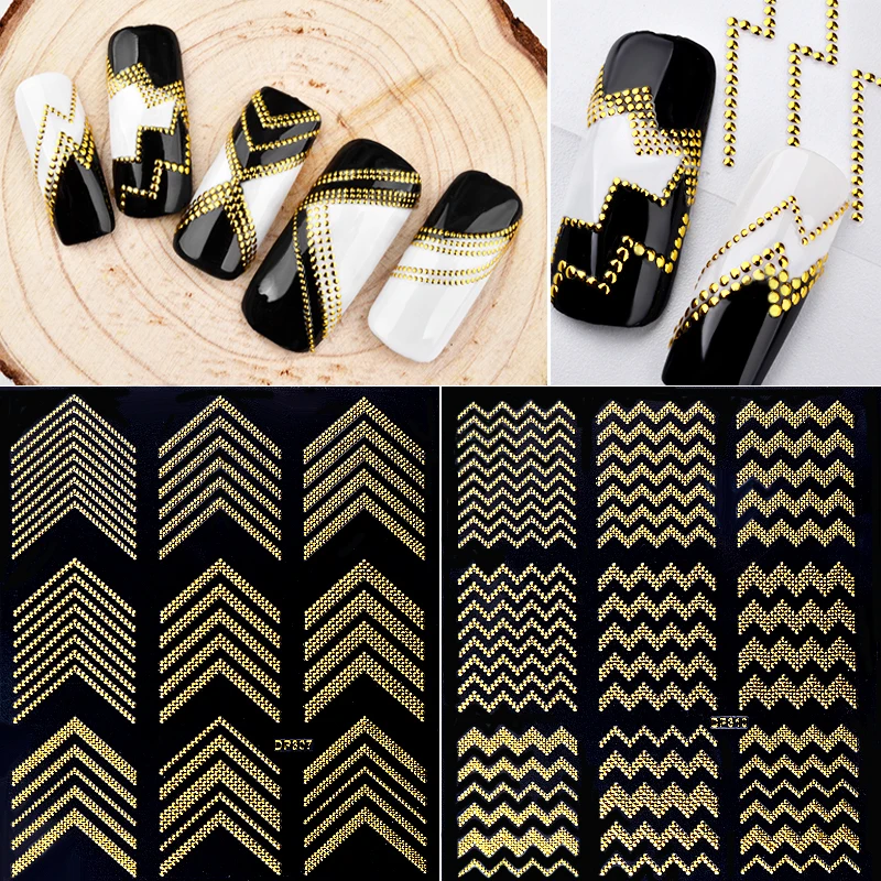 

1 Pcs Gold Rivert Metal Adhesive Nail Stickers Decals Zig Zag 3D Retro Studs Styling Nail Art Decorations 16 Options