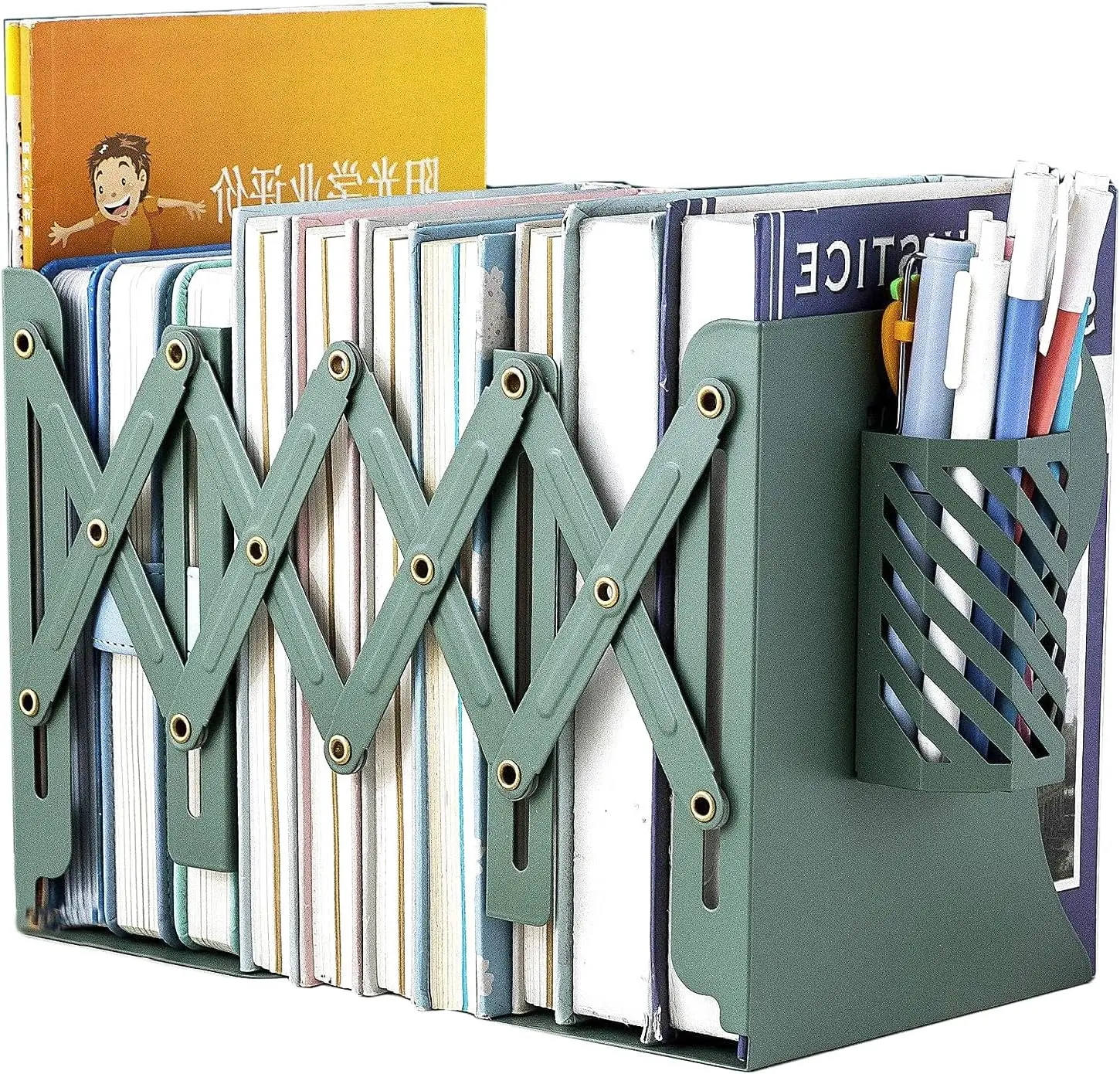 

Adjustable Metal Bookends for Heavy Books, Nonskid Desktop Organizer with Pen Holder, Green