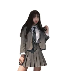 Girl Suit Korea Chic Retro College Style Tie Shirt Blazer + Pleated Skirt  Women Suits