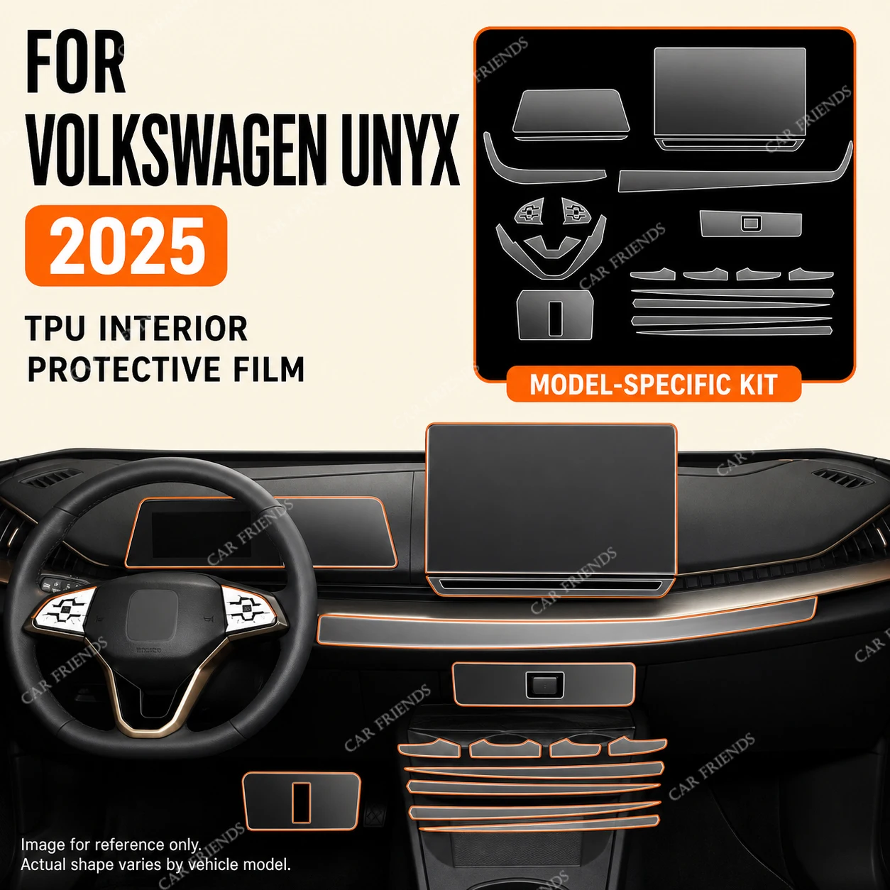 For Volkswagen UNYX 2025 Transparent TPU Interior Protective Film Anti-Scratch Dashboard and Car Panel Trim Cover Sticker