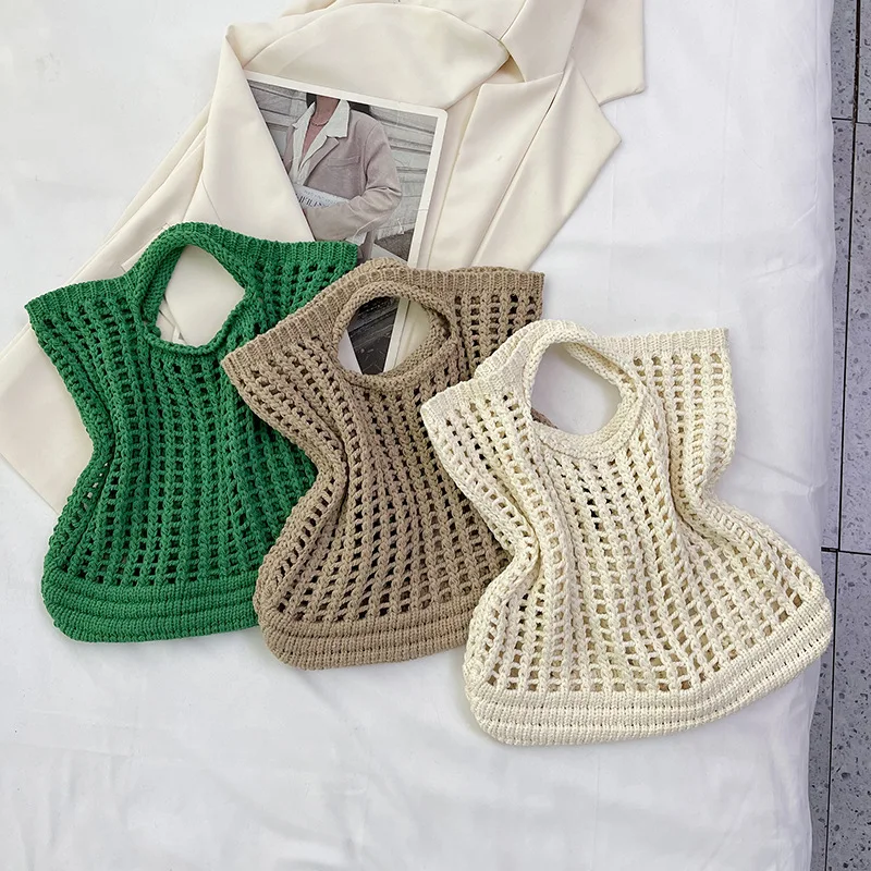 

Summer Cotton Thread Weaving Hollow Out Totes for Women Vintage Designer Holiday Travel Beach Luxury Handbags New Trendy Purses