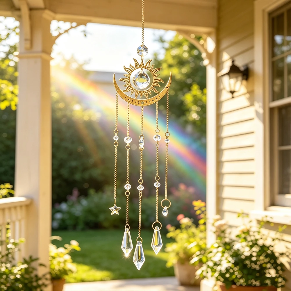 Klarer Kristall Sonne Mond Stern Sonnenfänger Prisma Hängendes Ornament Glücksbringer Feng Shui Fenster Heim Veranda Wanddekoration Regenbogenprojektion – Detail 4