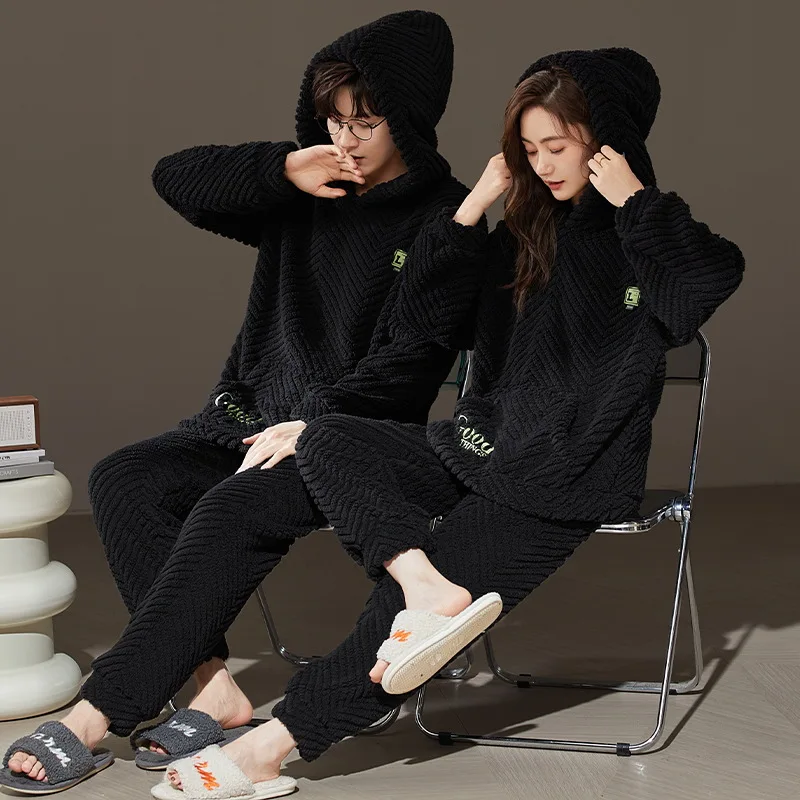 Korean Winter Warm Nightwear For Couples Women and Men Matching Homewear Coral Fleece Pajamas Set Hombre pijamas para parejas