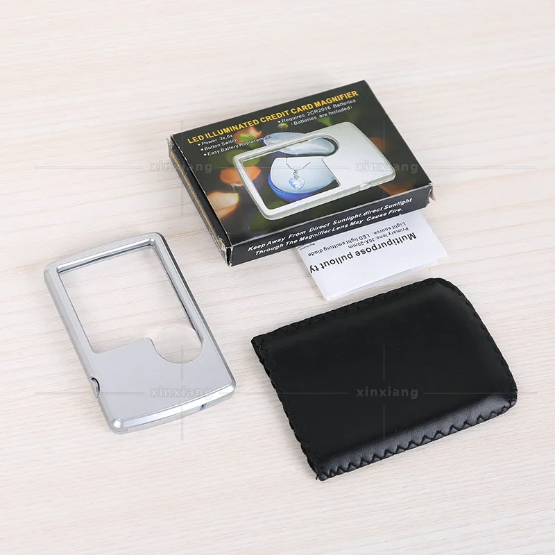 Custom. Hot-Selling 85*55 Leather Magnifying Glass LED Thin Business Card with Light 3x/6x Card Reading Magnifier