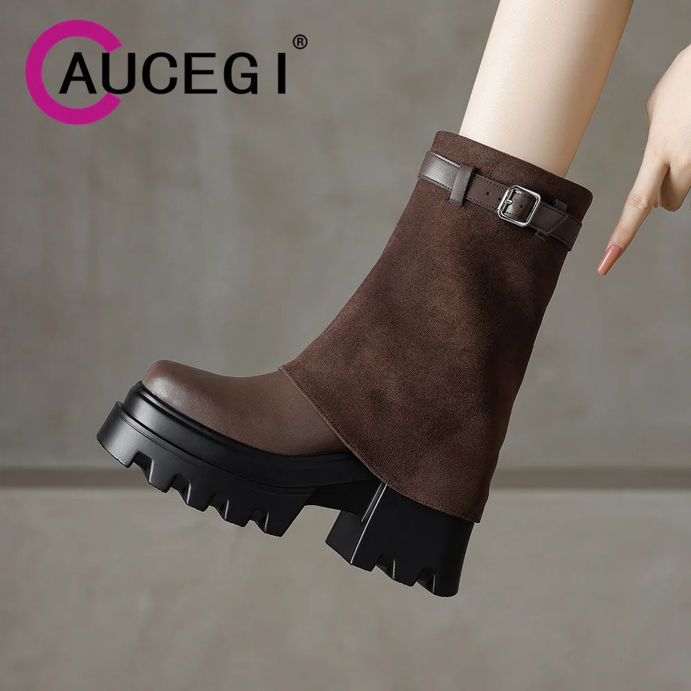 

Aucegi Women's Autumn British Style Square Toe Fold Ankle Boots Retro Square Toe Platform Thick High Heels Zipper Casual Shoes