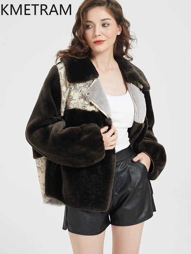 KMETRAM 100% Natural Goat Sheepskin with Wool Atttached Real Fur Coat Fashion Short New 2025 Winter Women Clothing шуба женская