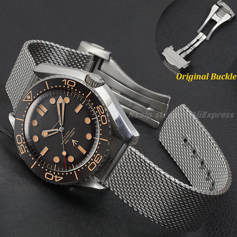 Luxury Watchband for Omega Seamaster 007 300 Diving Milan Mesh Strap Original Folding Buckle Solid Stainless Steel Bracelet 20mm