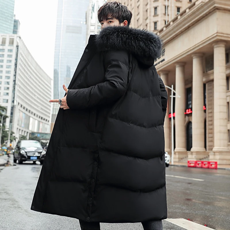 Casual Winter Men's Warm Long Hooded Duck Down Jackets Fur Collar Detachable Black Loose Puffer Coats Outwear Thicken Top Parkas