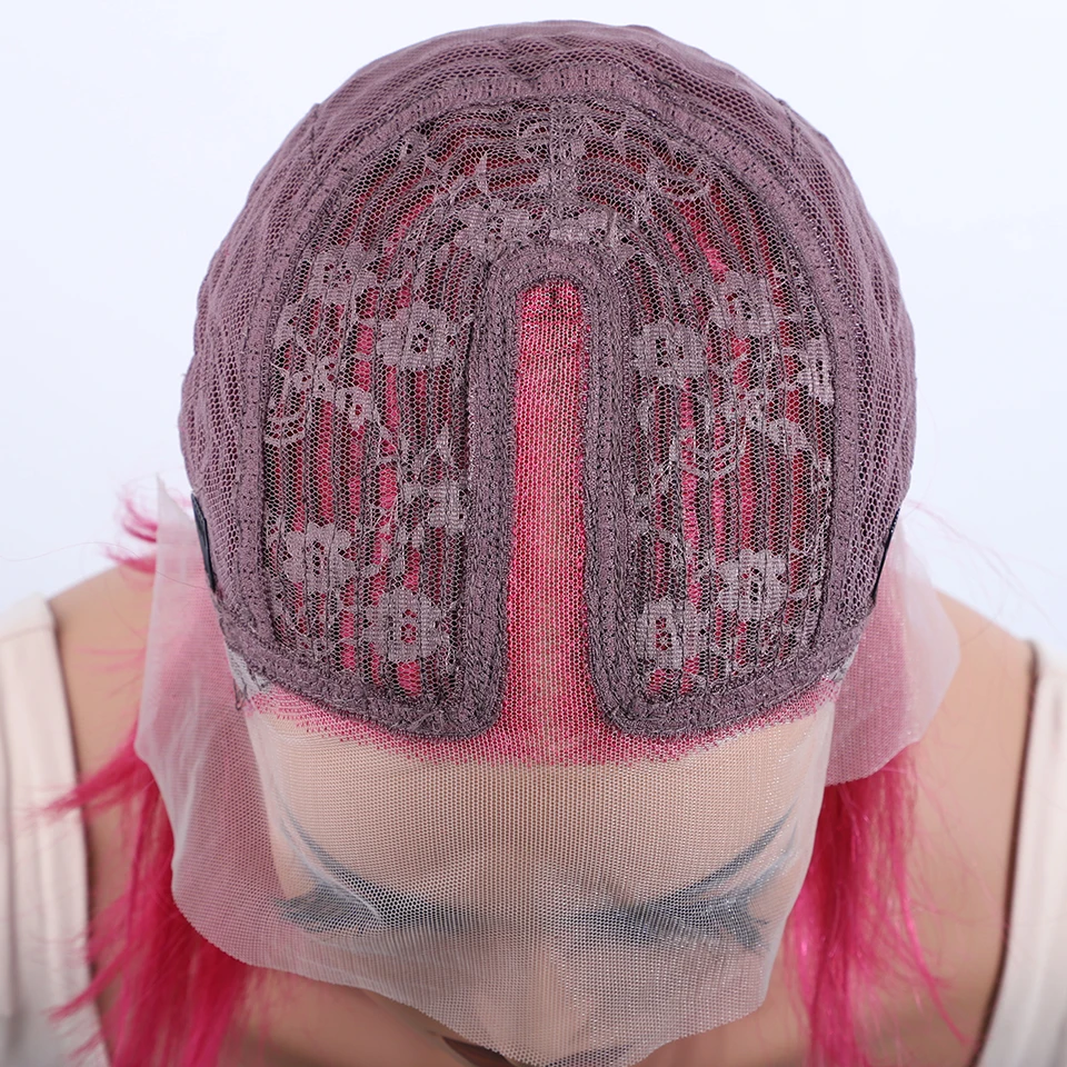 Lekker Red Pink 100% Human Hair Wigs Long Pixie Cut Straight Bob Middle Part La… - Image 6