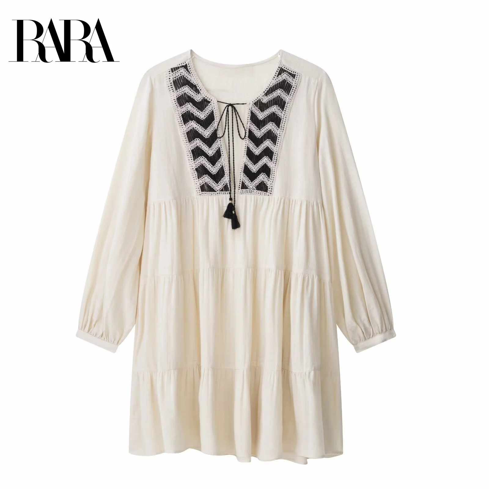 2025RARA صيف جديد للمرأة عادية بسيطة موضة الخامس الرقبة مطوي التطريز الربط فستان قصير بأكمام طويلة