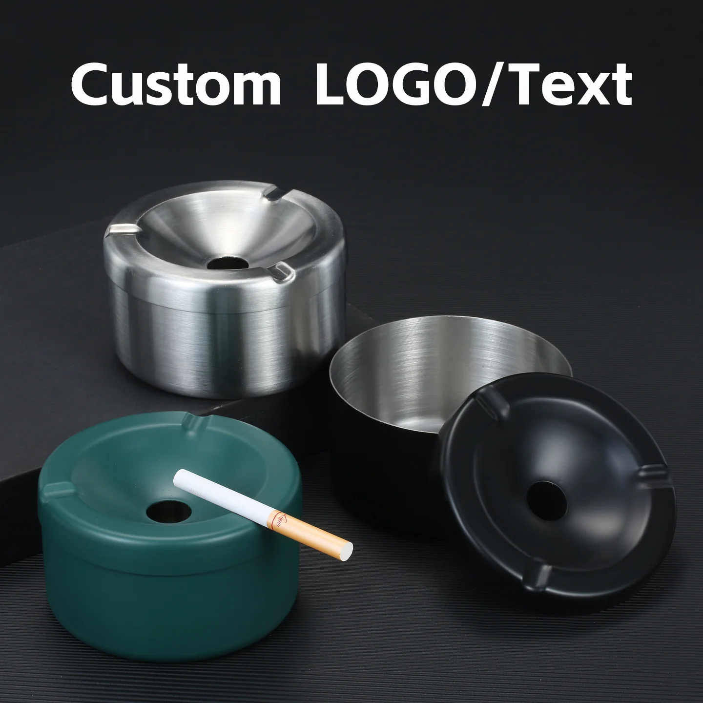 Stainless Steel Ashtray With Lid Personalized Custom LOGO Green Metal Cigarette Windproof Ash Tray Holder Smoking Gift For Man