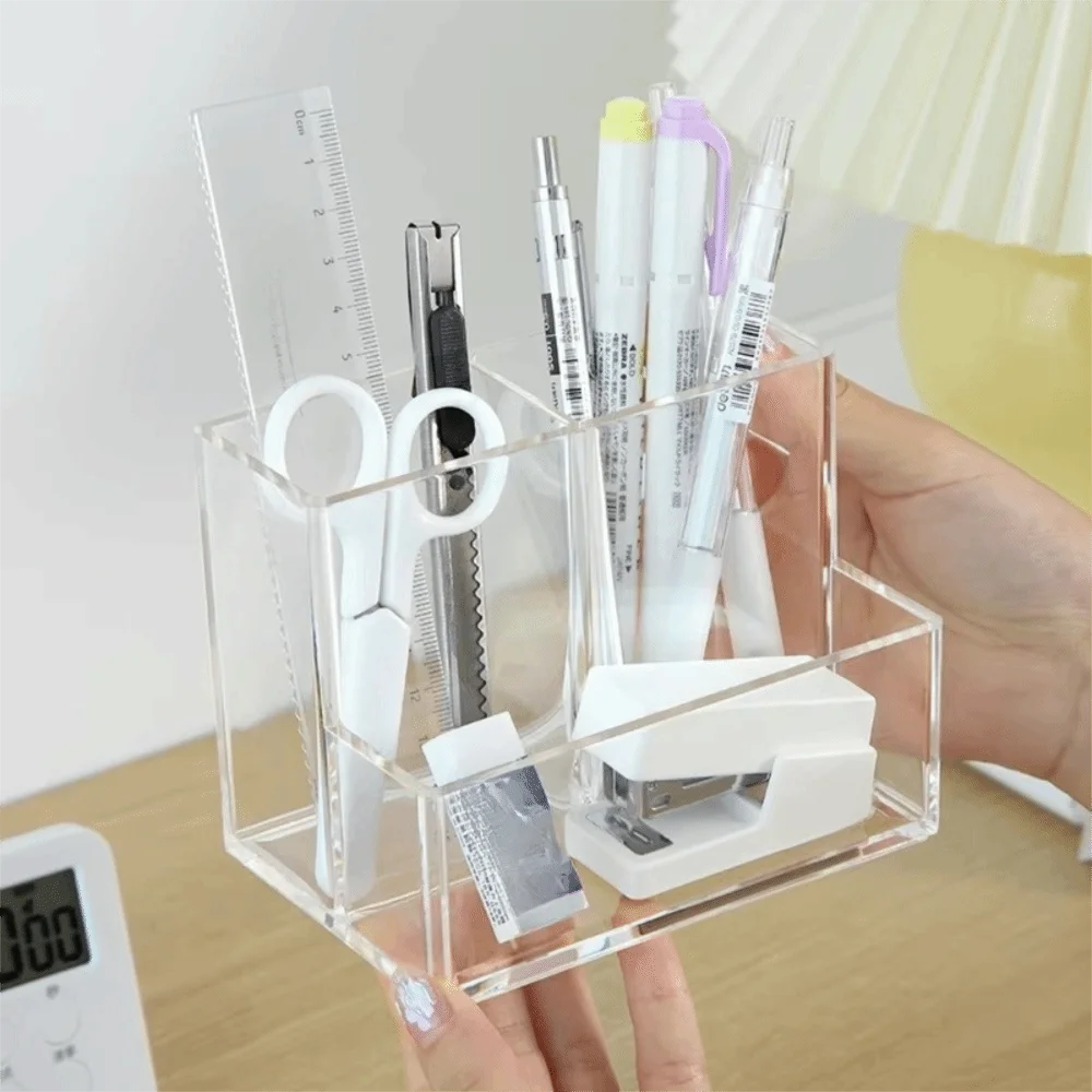 Cosmetic Organizer Transparent Pen Holder Acrylic Three Grid Makeup Organizer Simplified Design Makeup Brush Holder Student Desk