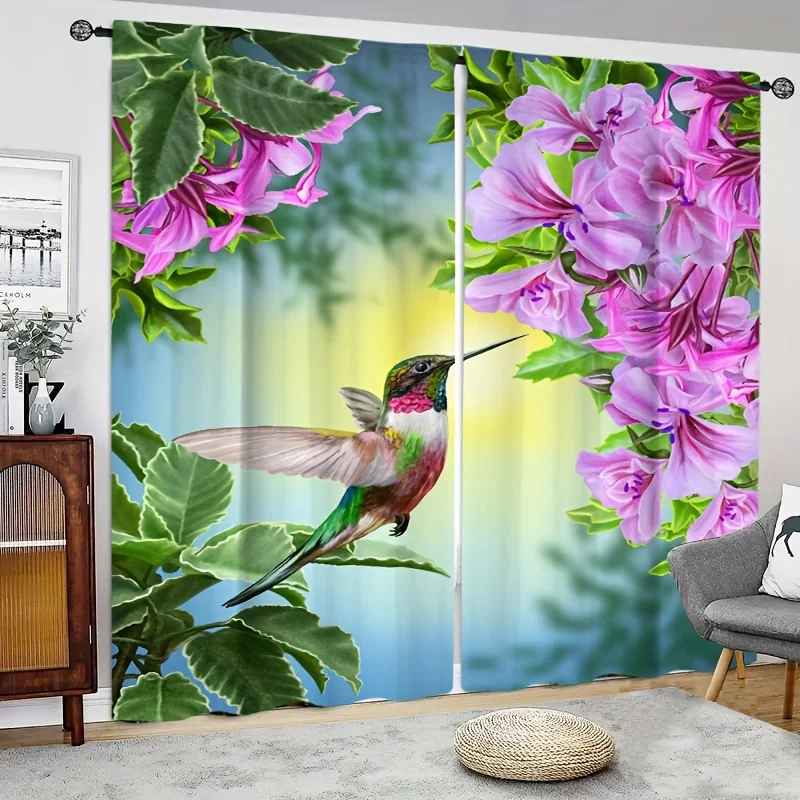 2pcs Hummingbird & Floral Pattern Curtains Decorative Window Drapes Window Treatments For Bedroom Living Room Home Decoration