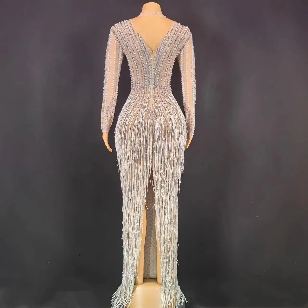 Sexy Stage Silver Rhinestone Pearl Fringe Long Brown Dress Birthday Celebrate Transparent Outfit Women Dancer Nightclub Dress