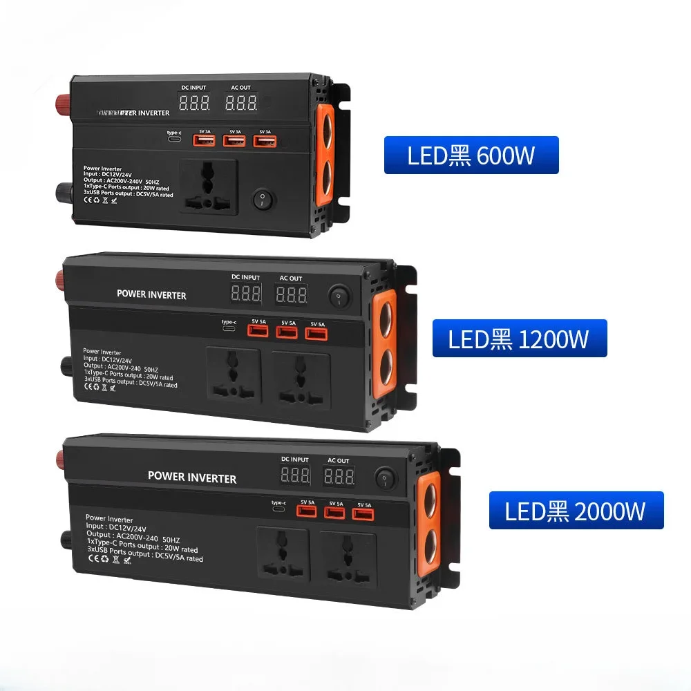 

Inverter 12v/24v To 220v 600W 1200W 2000W LED Display Power Converter Type-c + 3 Jack Output Frequency 50Hz Peak 2000W