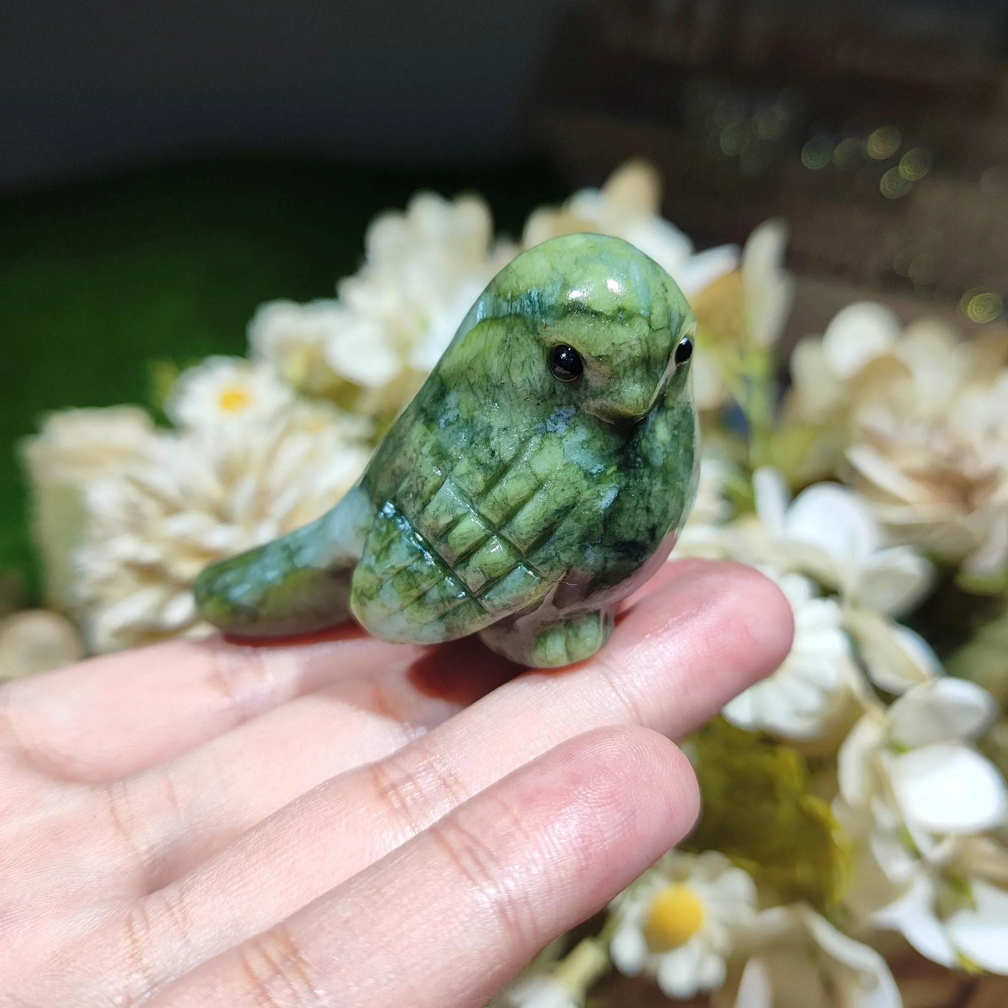 Natural Crystal Bird Carving, Serpentine/Rose Quartz/Black Obsidian Mini Bird Sculpture